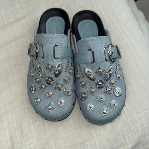 Stylish Denim Azalea Wang Clogs with Silver Accents